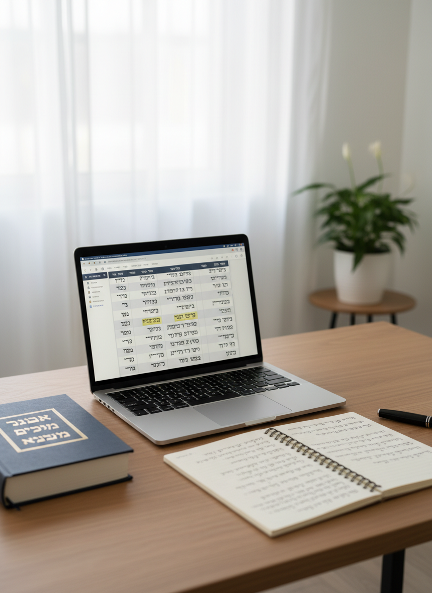 A close-up, photographic image of a clean, modern wooden desk with a slim, silver laptop displaying a Hebrew text study app, surrounded by carefully arranged study tools: a navy-blue hardcover sefer of Likutei Moharan, a spiral notebook with handwritten notes in neat Hebrew script, and a capped black fountain pen. The desk sits near a large window framed by simple white curtains, allowing soft, diffused daylight to bathe the scene in a gentle glow. The background shows an out-of-focus minimalist home office with a single potted plant adding a touch of green. Shot from a slightly elevated angle with shallow depth of field, the mood is focused and professional yet warmly inviting, highlighting digital access to Breslov teachings in a contemporary setting.