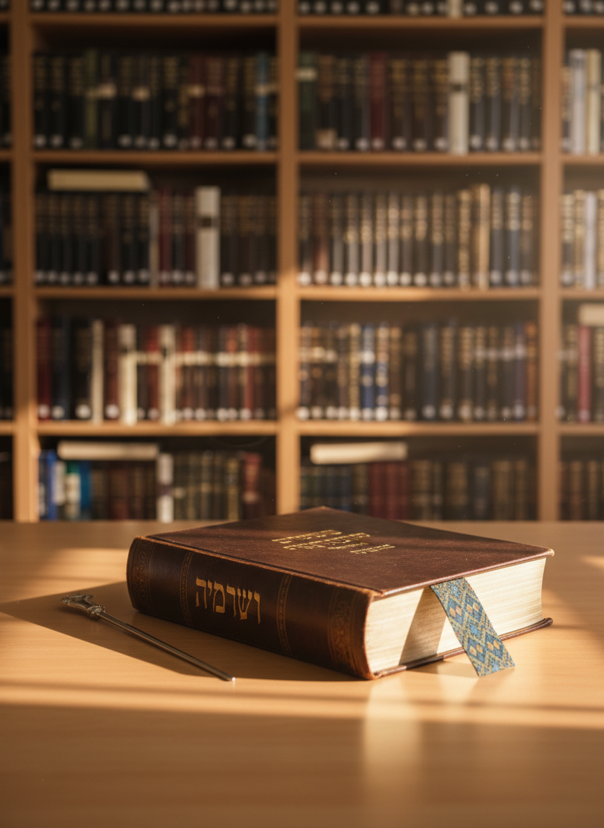 A well-worn, dark brown leather-bound sefer of Rabbi Nachman’s teachings, its gold-embossed Hebrew title softly catching the light, resting open on a smooth light-wood table. Beside it sits a simple silver yad pointer and a small, patterned fabric bookmark. In the background, out of focus, floor-to-ceiling wooden bookshelves filled with classic Jewish texts line the walls of a quiet study room. Warm afternoon sunlight pours in from a large unseen window, casting gentle, elongated shadows and a calm, contemplative glow. Photographic realism, eye-level composition, with a shallow depth of field that keeps the sefer in crisp focus while the library surroundings blur into a soft, peaceful bokeh, creating a professional, inviting atmosphere for learning and reflection.