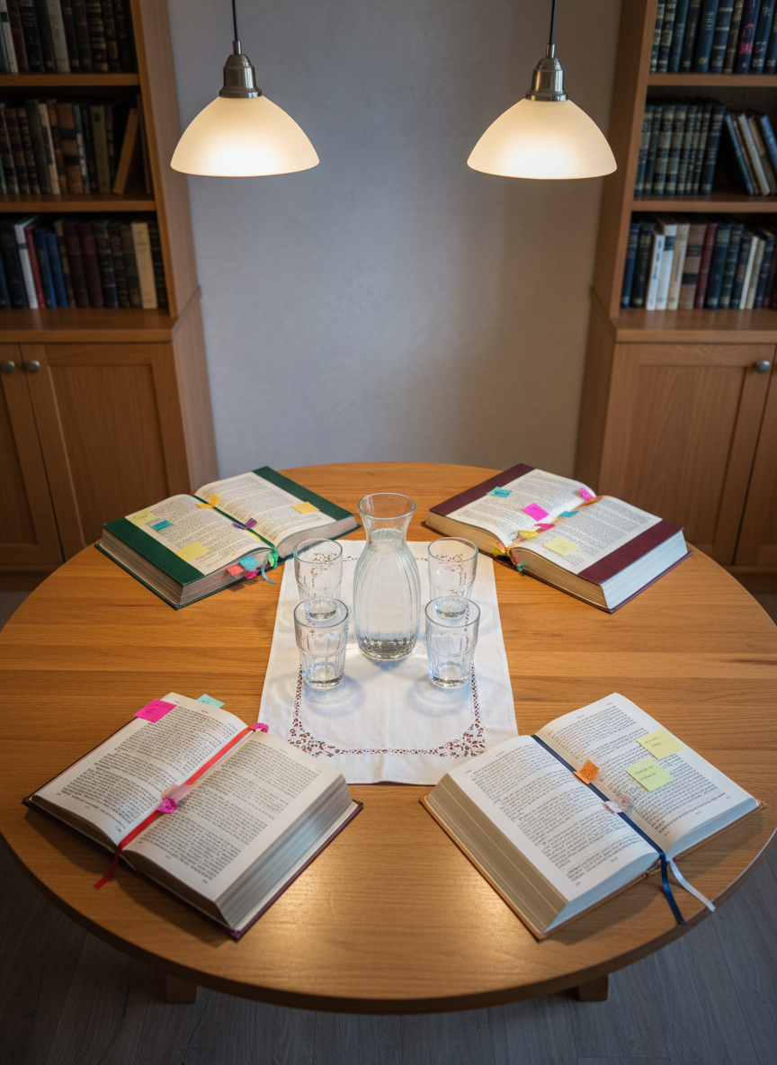 An overhead, photographic view of a round wooden table set for a Breslov learning circle, without any people present. Around the table lie four open sefarim with different colored fabric covers—deep green, maroon, navy, and tan—each marked with sticky notes and slim bookmarks. In the center rests a small, elegant glass pitcher of water and simple clear glasses on a white linen runner. The room has light gray walls and built-in bookshelves along one side, softly blurred in the background. Warm pendant lighting from above creates a cozy, intimate glow, with gentle shadows defining the books’ textures. The composition is balanced and symmetrical, conveying community, connection, and shared exploration of Rabbi Nachman’s teachings in a professional, welcoming environment.
